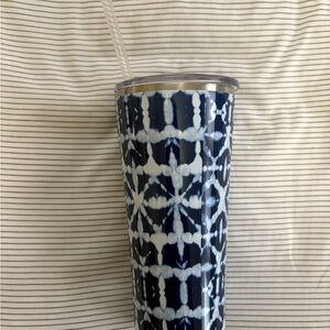 Blue and White Patterned Tumbler with Straw
